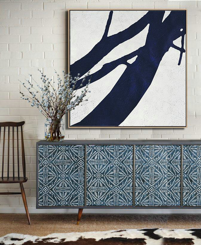 Hand Made Original Art,Hand Painted Navy Minimalist Painting On Canvas,Wall Art Painting